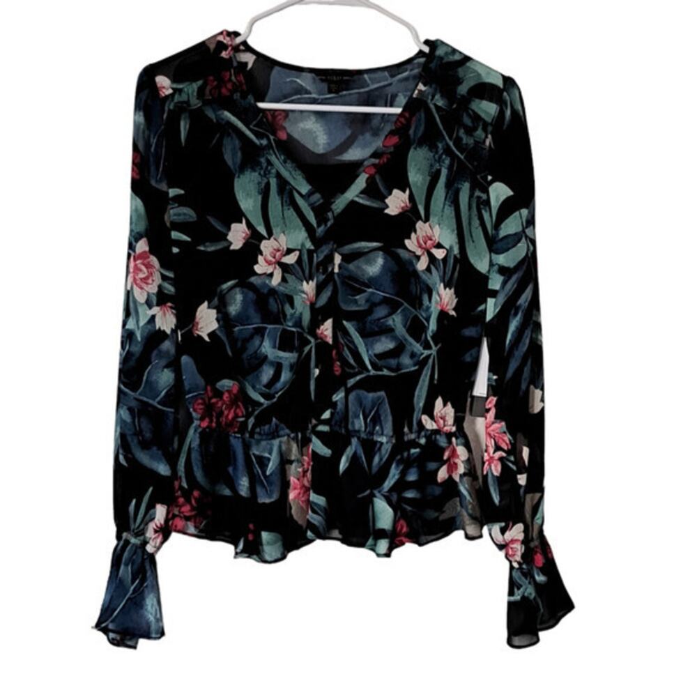 Guess Long Sleeve Montara Peasant Ruffles Blouse Black Floral Sz Small